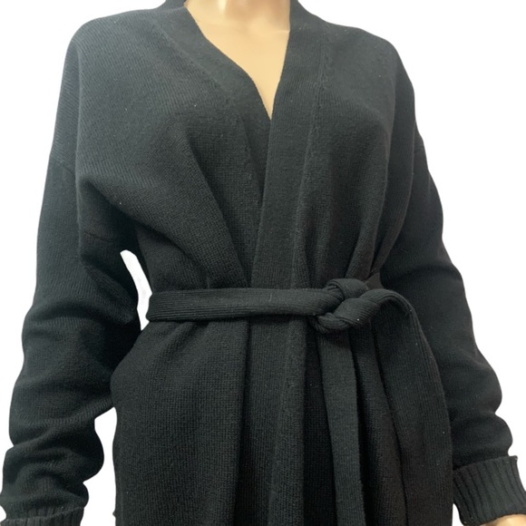 Sandro Paris Black Belted Wool Cashmere Long Sleeve V Neck Long Cardigan Sweater - Picture 12 of 16